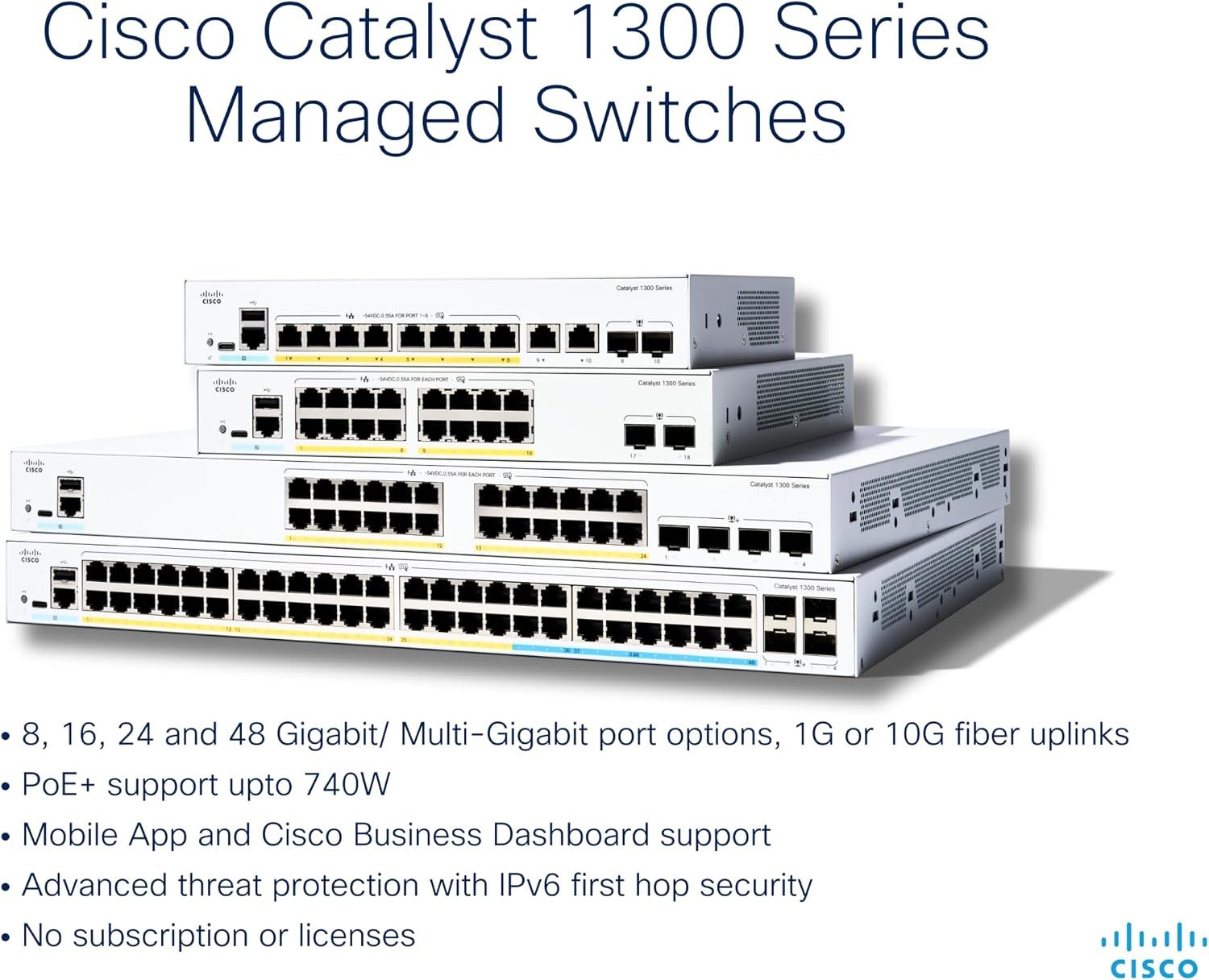 Cisco Catalyst 1300-48MGP-4X Managed Switch, 32 Port GE, 16 Port 2.5GE, PoE.